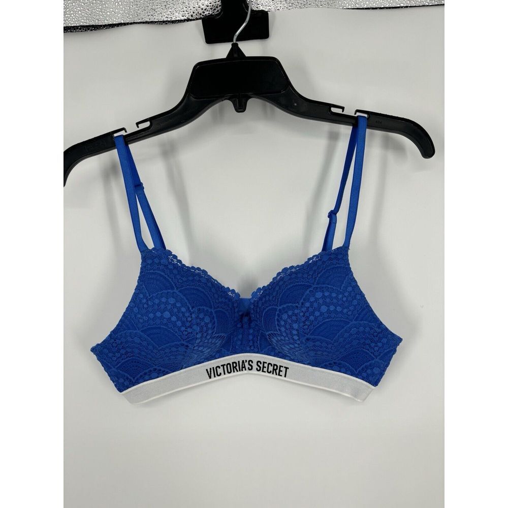 Victoria's Secret Lined No Wire Lace Bra Electric Royal Blue Spellout Size 34B